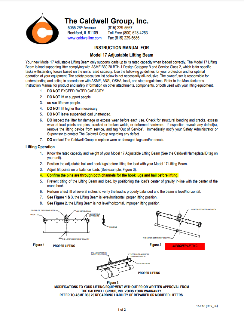 Caldwell Adjustable Lifting Beam Model 17 Bohl Crane Incorporated