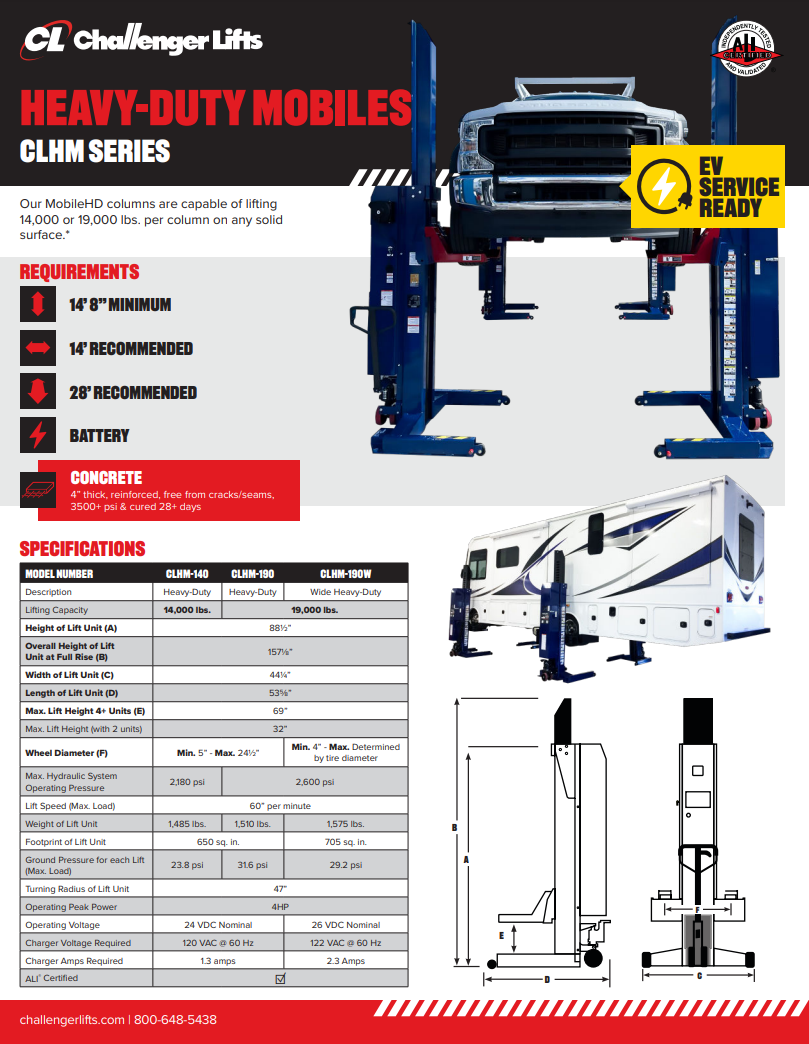 Challenger Lifts Mobile Column Lifts Spec Sheet | CLHM