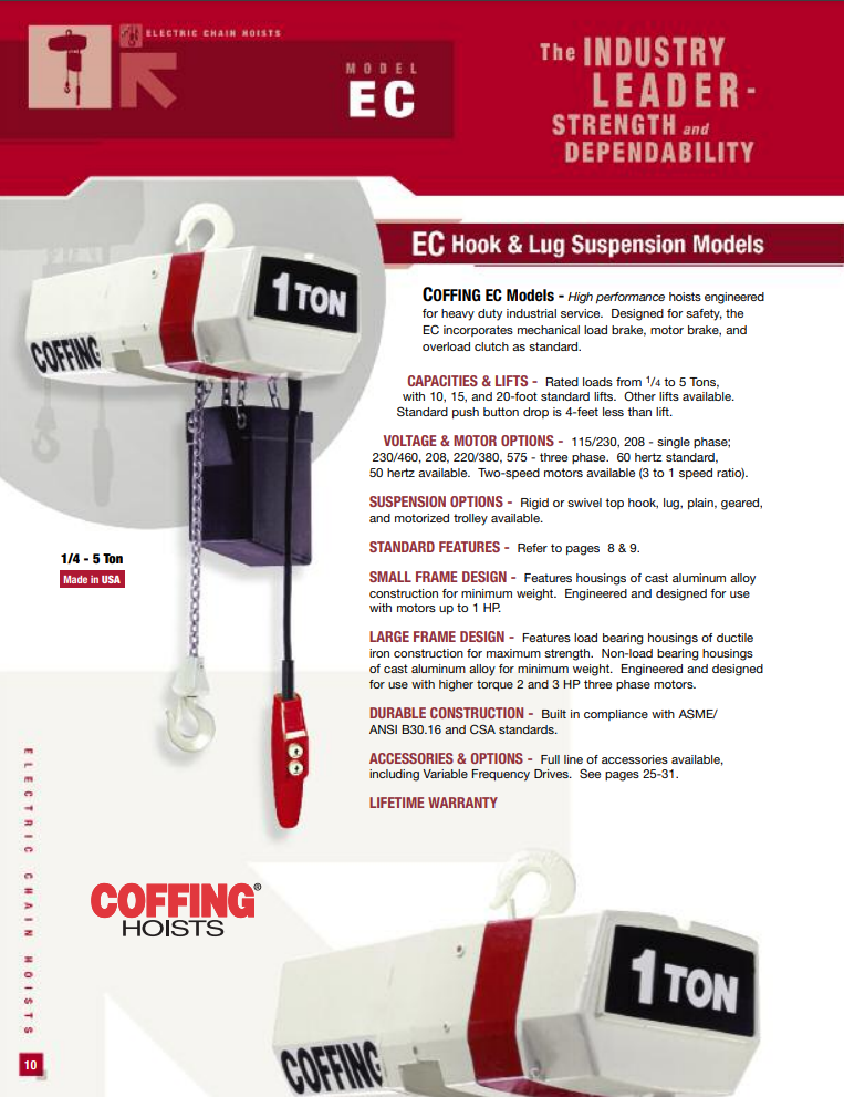 Coffing EC Electric Chain Hoist 3 Phase, 1 Ton 2 Ton Capacity