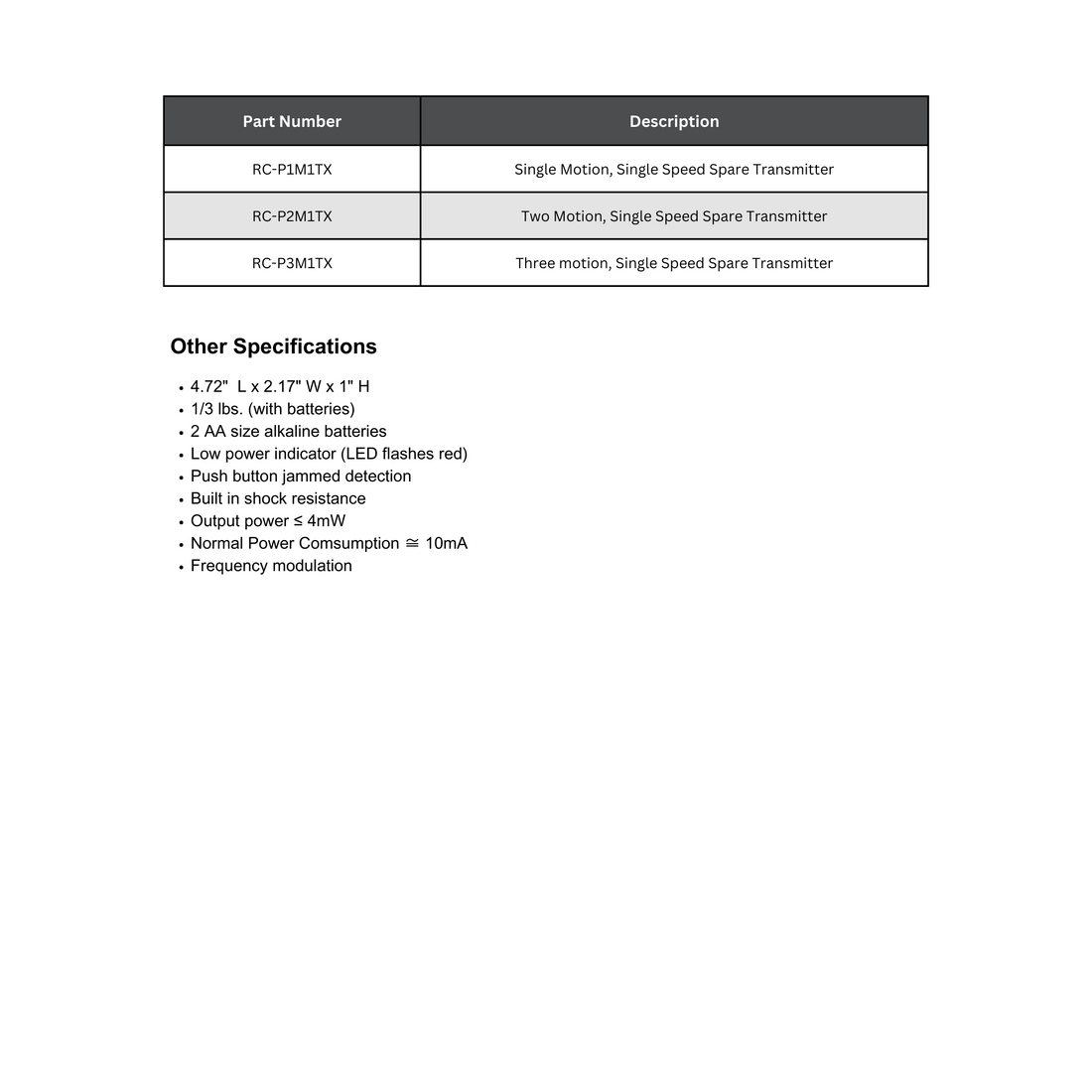 Pocket Size Spare Transmitters (RC-P1M1TX, -P2M1TX, -P3M1TX)