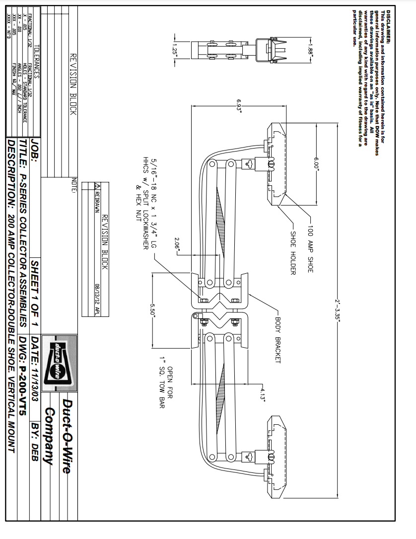 Duct-O-Wire Parts | 200 Amp - Double Shoe - Vertical Mount Systems Drawing | Part Number: P-200-VT5