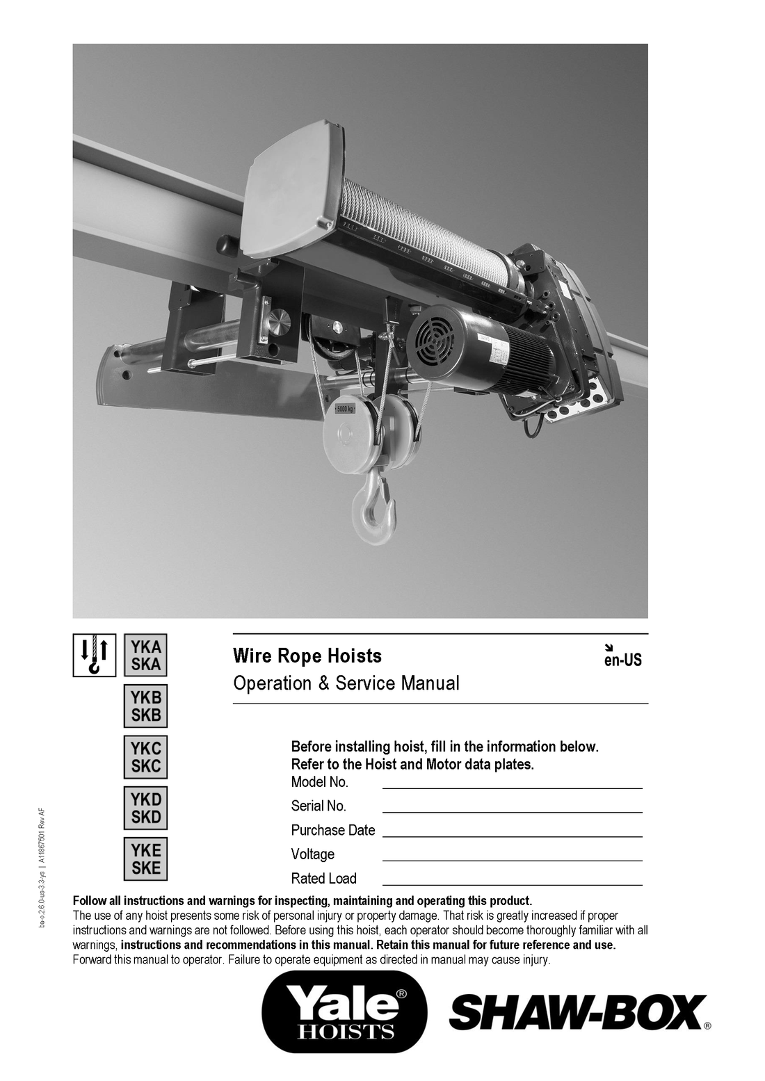 Shaw-Box SK & Yale YK Wire Rope Hoists Operating Instructions